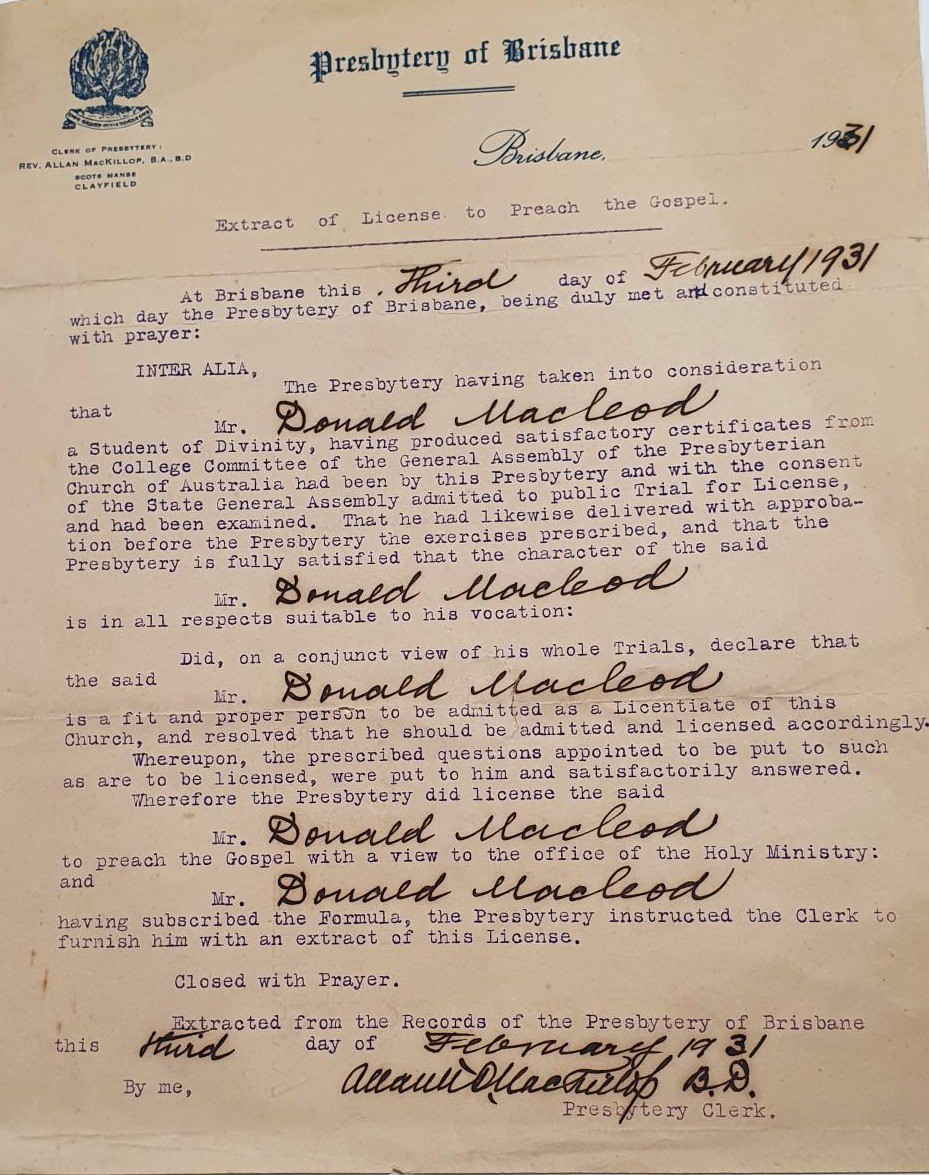 License to Preach the Gospel, Donald Macleod, issued 3 February 1931.