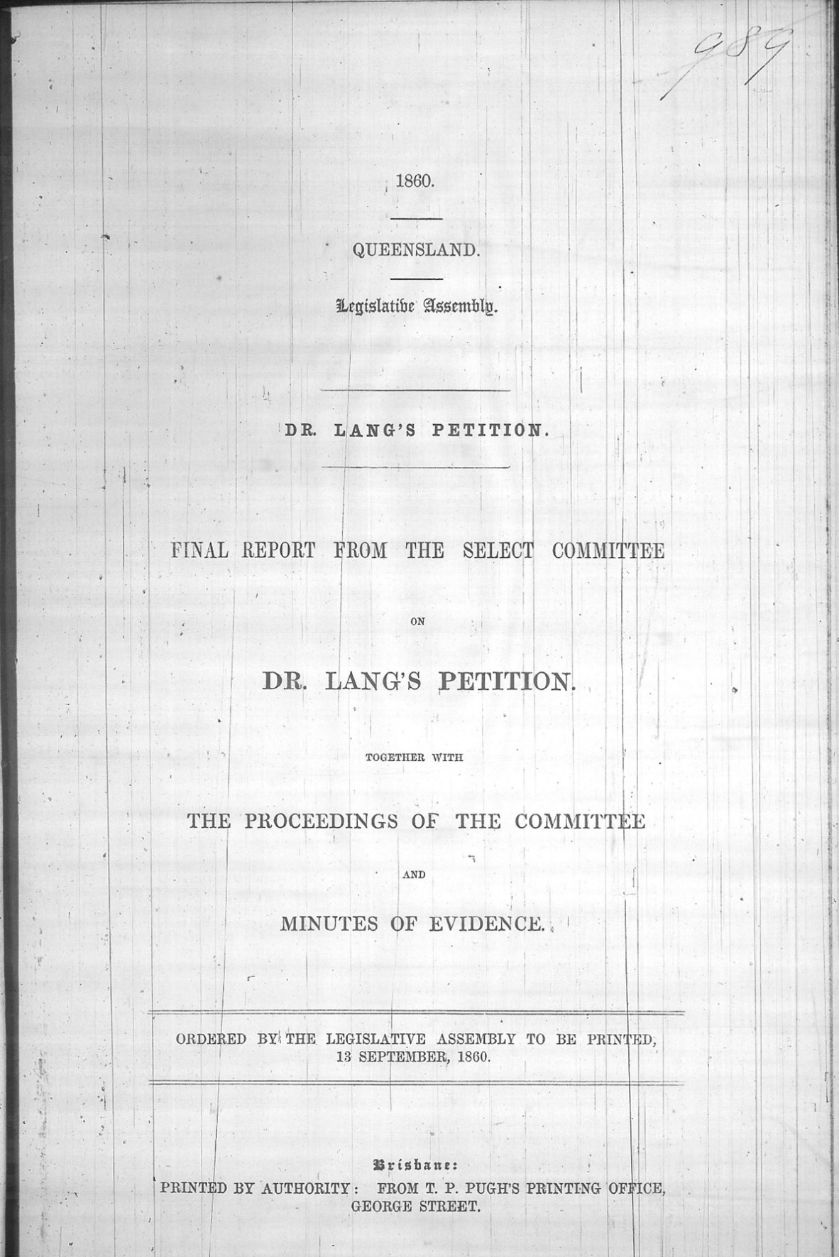 Photo of the cover of Dr Lang's Petition: Final Report from the Select Committee on Dr Lang's Petition