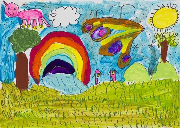 landscape drawing of 2 houses, trees, rainbow, sun and unicorn.