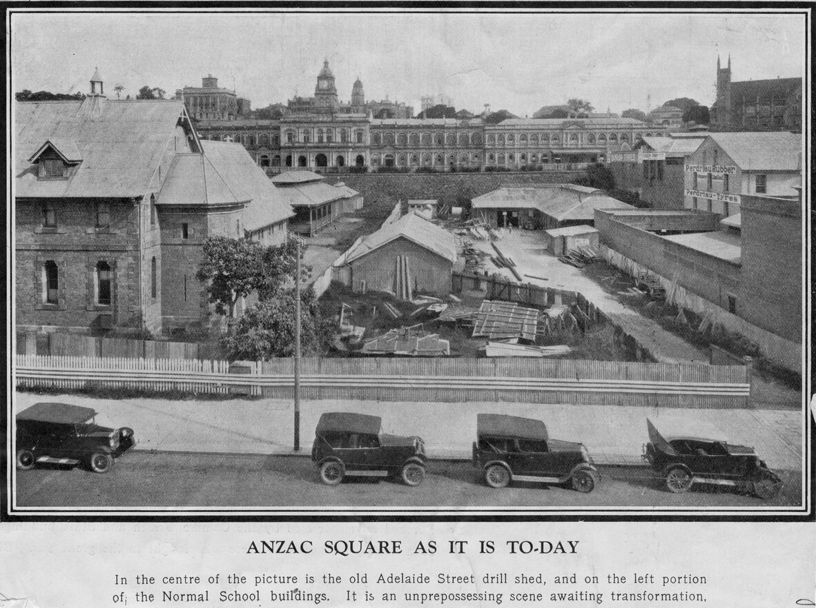 View from Adelaide Street of the Central Railway Station, over Anzac Square, ca. 1926