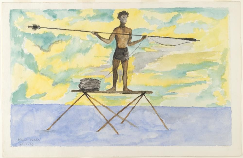 Dugong hunter, [watercolour], creator Kala Waia (1926-1992), 570 x 310 mm. Reproduced and published in Myths and legends of Torres Strait (1970), page 16.