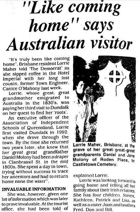 Image of newspaper article from the Dundalk Democrat, 19 October 1996, p 6, which heading "Like coming home" says Australian visitor. Article includes a photo of a woman standing next to a headstone.