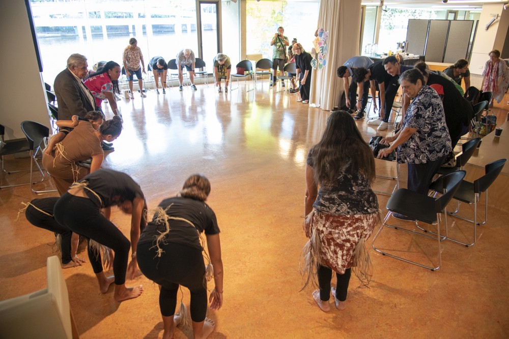 Participants dancing to Head, shoulders, knees and toes in Yugara language