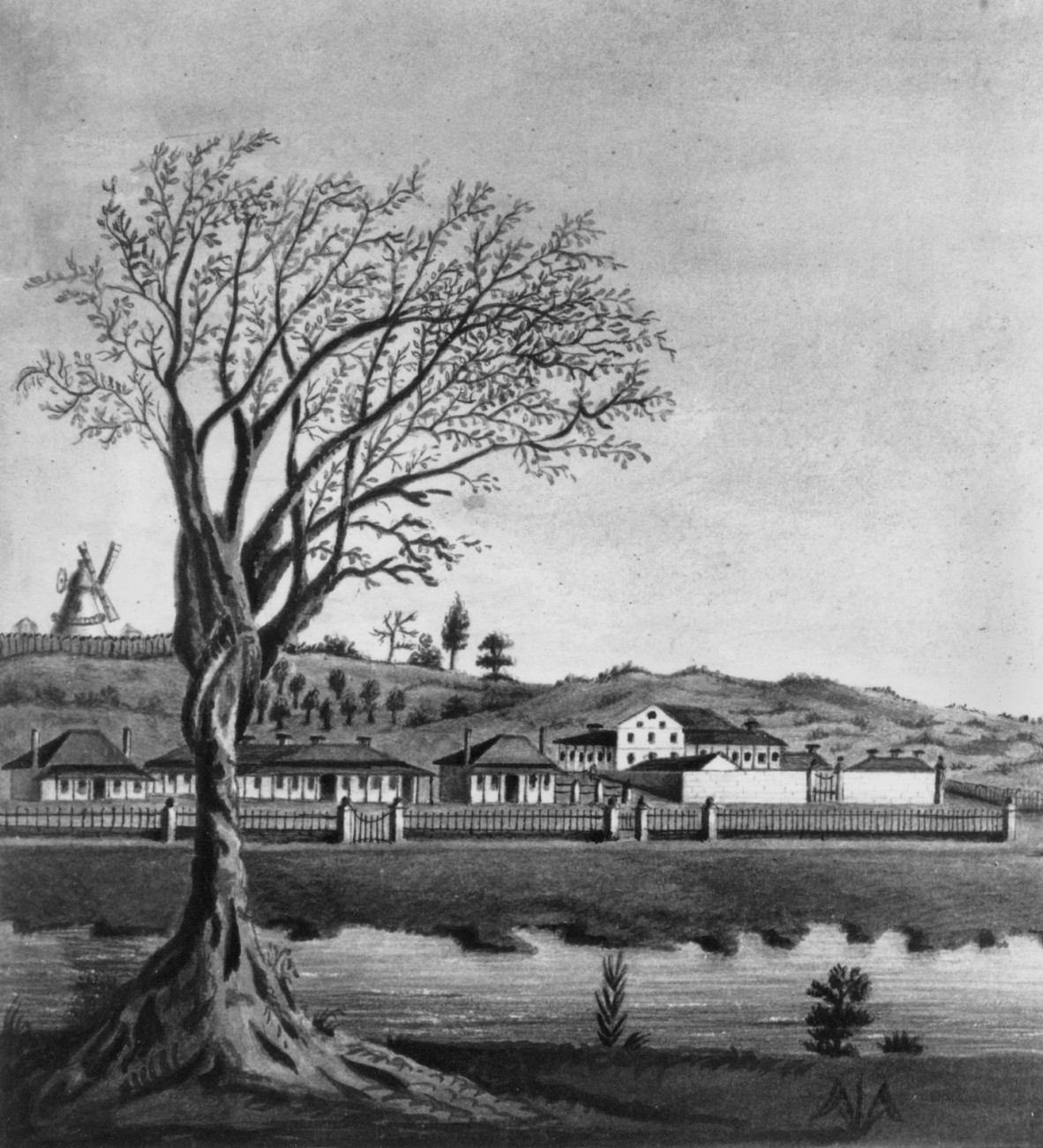 Early drawing of a section of the town of Brisbane, Queensland, including the Convict Hospital, 1835. Creator unknown.