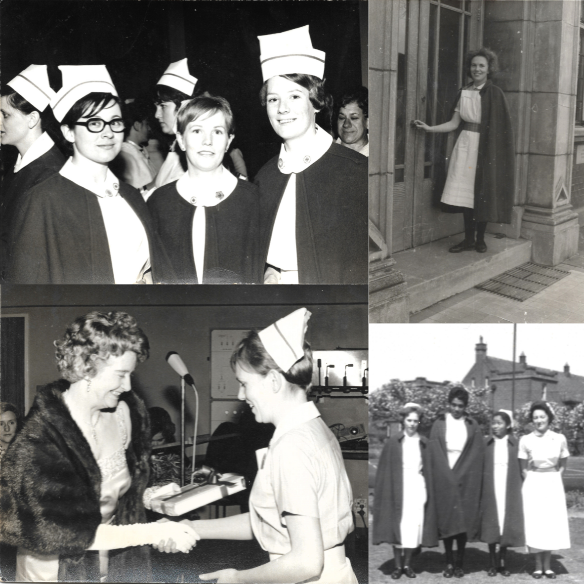 A collage of four photograph showing nurse Elaine Street in London in the 1960s