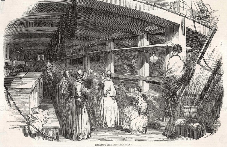 Drawing of people between decks of an emigrant ship published in The Illustrated London News