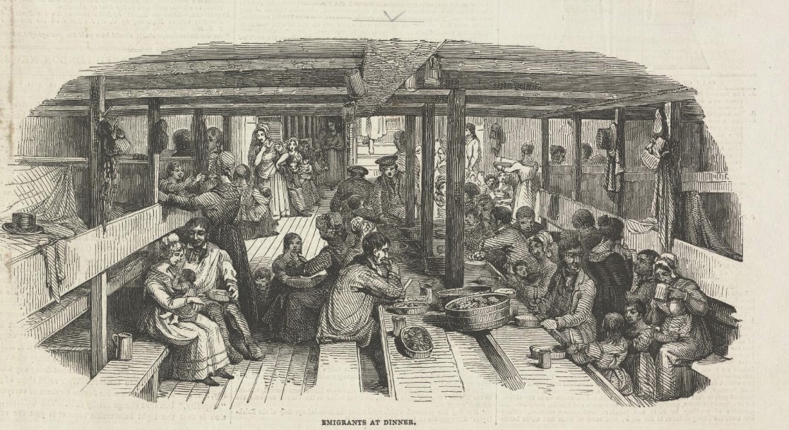 Drawing of emigrant passengers eating dinner below deck published in The Illustrated London News 13 April 1844
