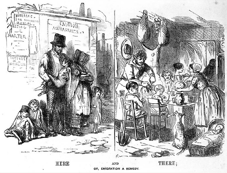 Sketch of a family before and after migrating. Illustration from Alexander Turnbull Library, Wellington, New Zealand.