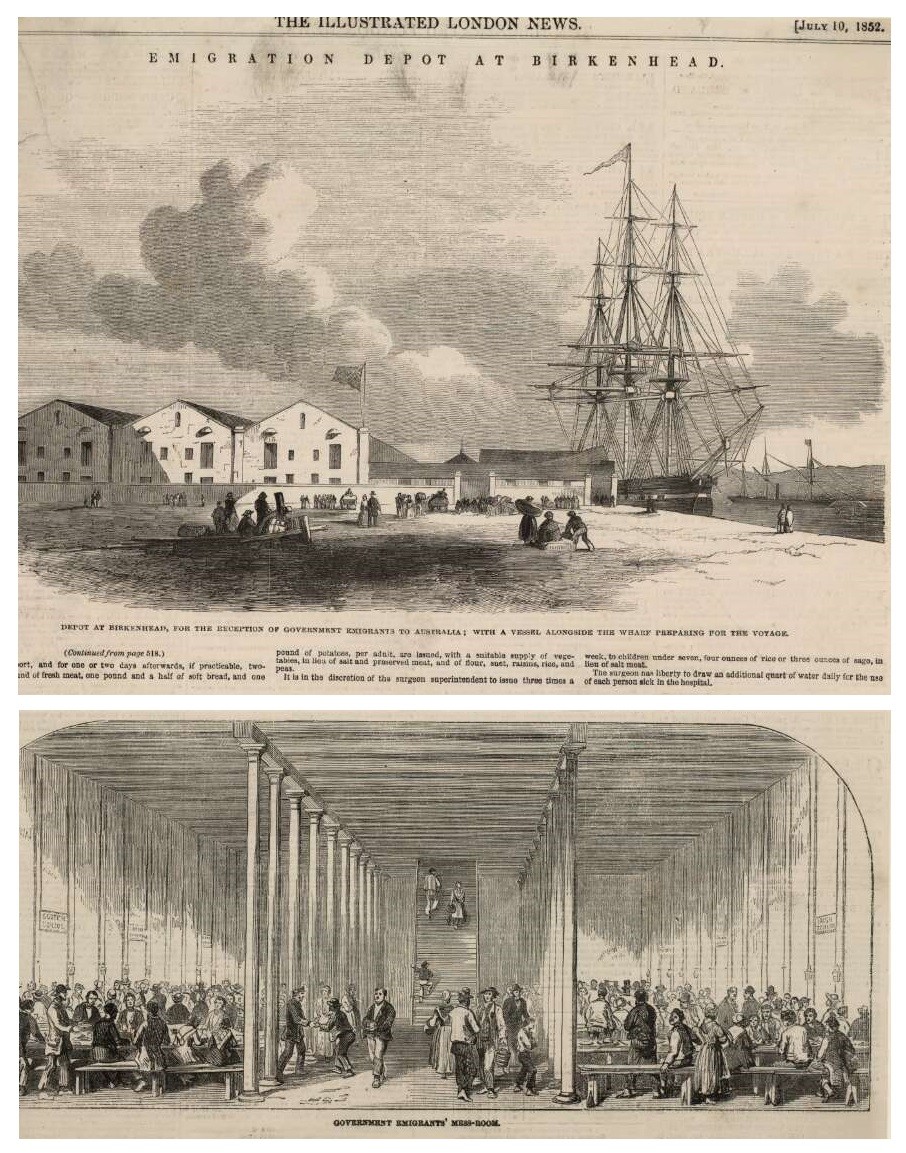 A page from the Illustrated London News July 10 1852 showing an emigration depot at Birkenhead and government accommodation in Plymouth