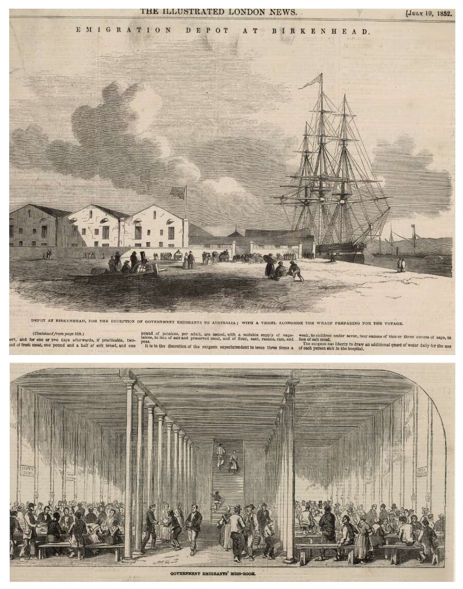 A page from the Illustrated London News, July 10 1852, showing an emigration depot at Birkenhead and government accommodation in Plymouth