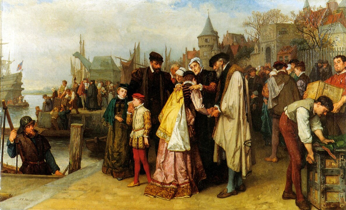 Painting of a number of people standing at London docks wearing period clothing from 16th century.