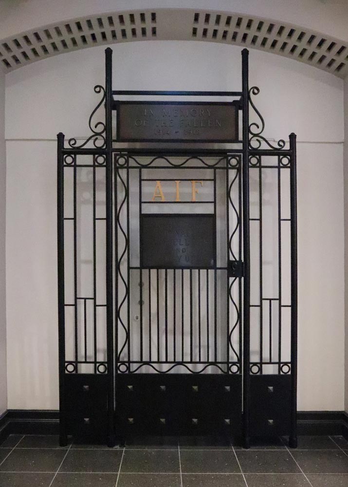 AIF wrought iron Engineers, Signals, Tunnellers and Railway Units Memorial Gate where it currently stands in the WWI Gallery at Anzac Square Memorial Galleries.