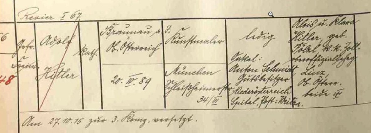 Entry in publication Roads were not built for cars, by Carlton Reid 2014 showing Hitler’s name, place, date of birth and role ‘Radf.’ [Radfahrer: cyclist].