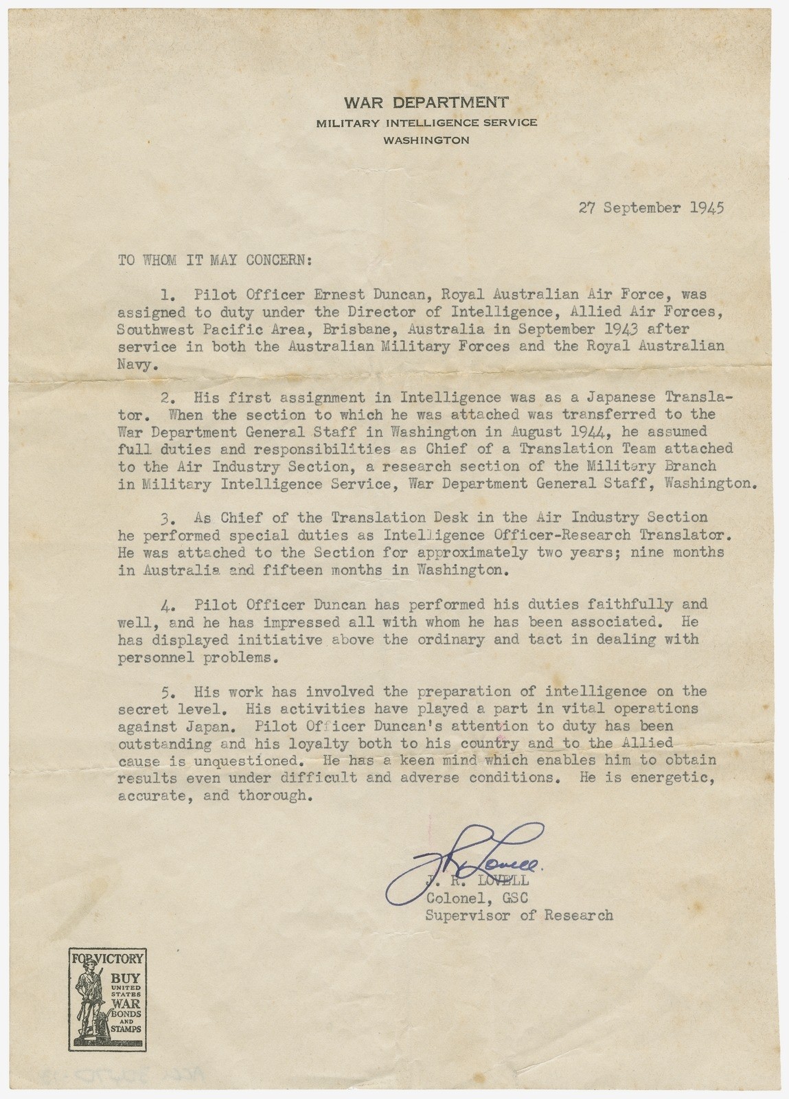 Statement of Pilot Officer Ernest Duncans Military Intelligence Service 27 September 1945