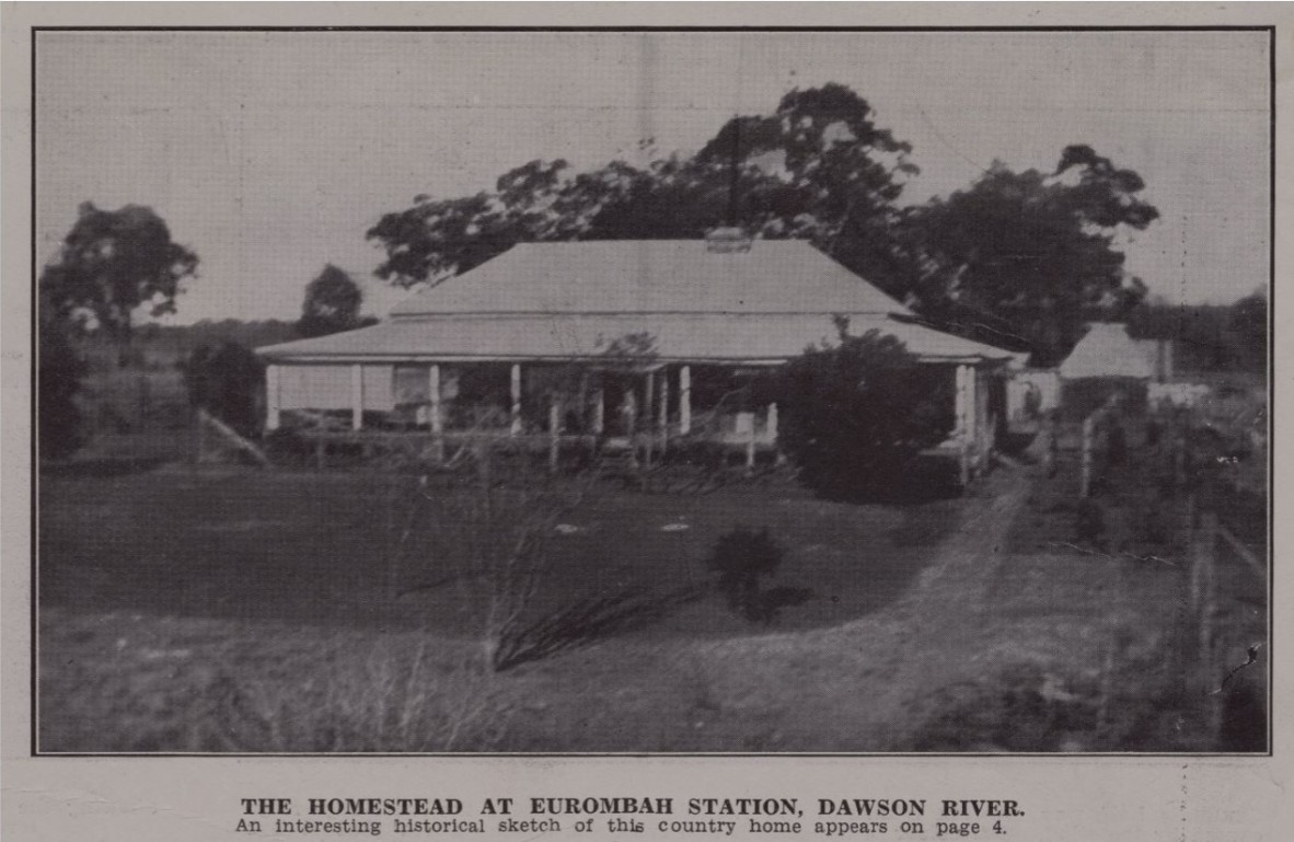 Black and white photo of the homestead at Eurombah Station, Dawson River, from The Queenslander, 17 September 1931, p 28
