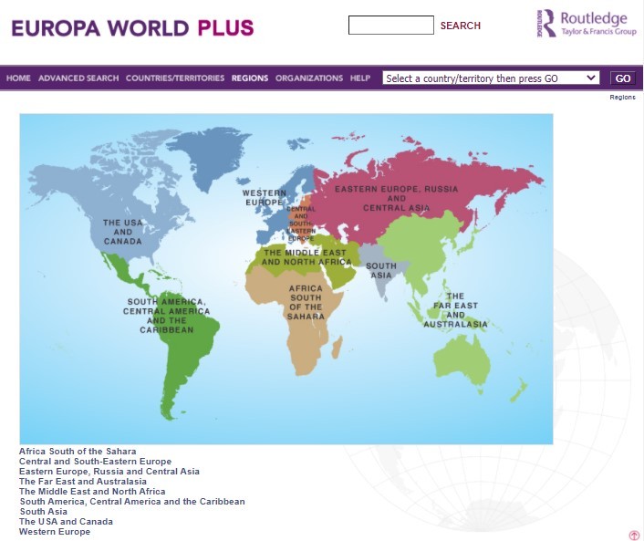 Image of Regions page including interactive map - Europa World Plus database