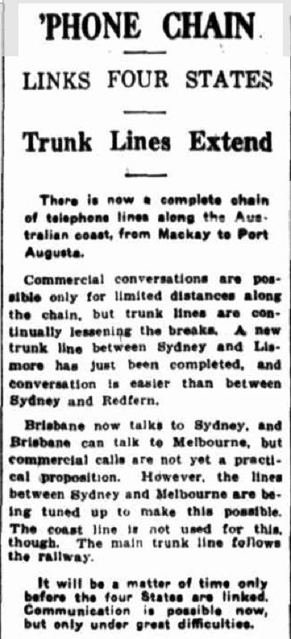 Newspaper article with title 'Phone Chain links four states, from the Evening News, 21 December 1923, p 10