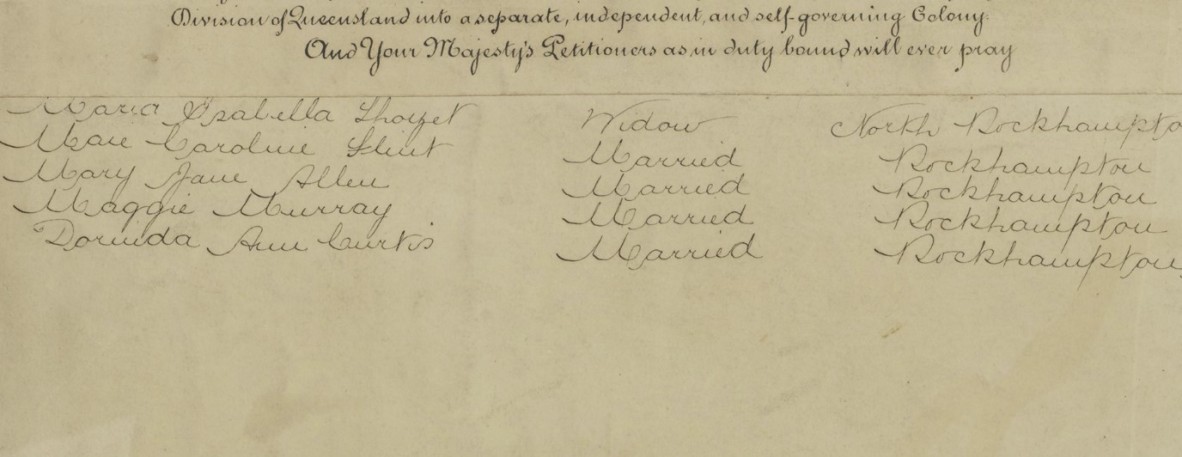 Excerpt from the petition showing the names of several women marriage status and place of residence 