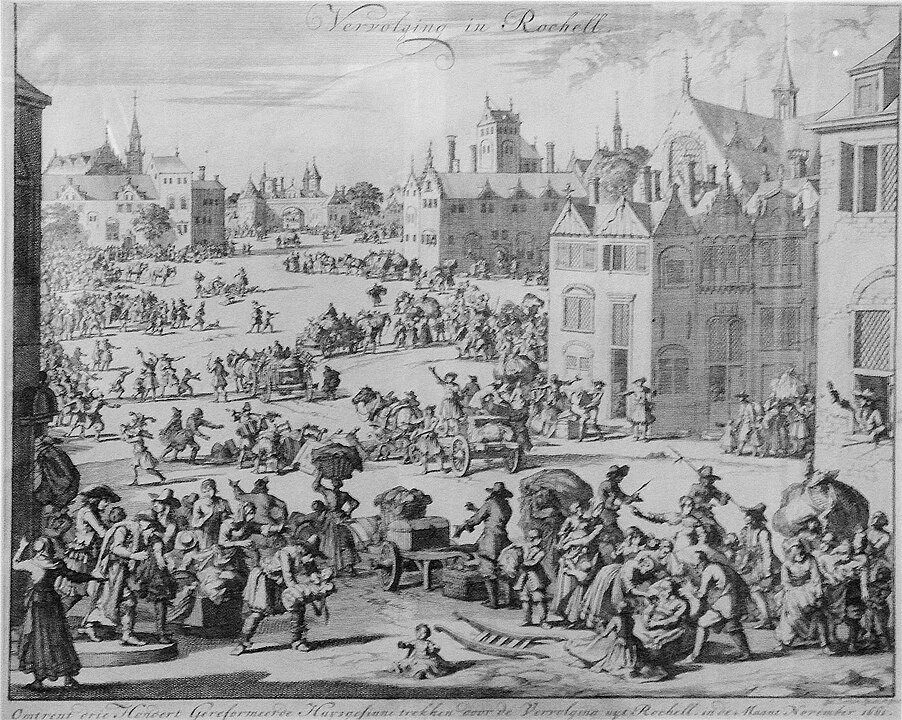 Grayscale image of painting "Expulsion from La Rochelle of 300 Protestant families, November 1661", by artist Jan Luyken
