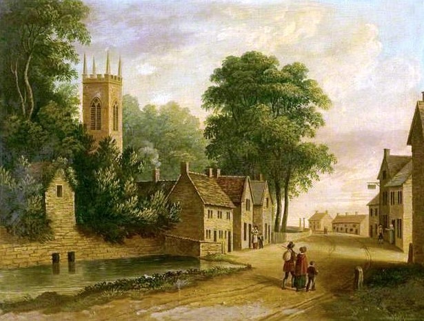 Painting of scene of 19th century Eyam