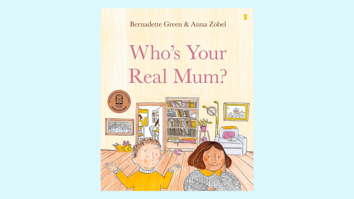 Who's your real mum illustrated book cover frittering two illustrated children in a living room.