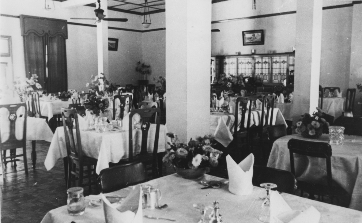 Dining Room Hotel Corones, circa 1930, (furnished by Trittons) note the large sideboard with lead lights.