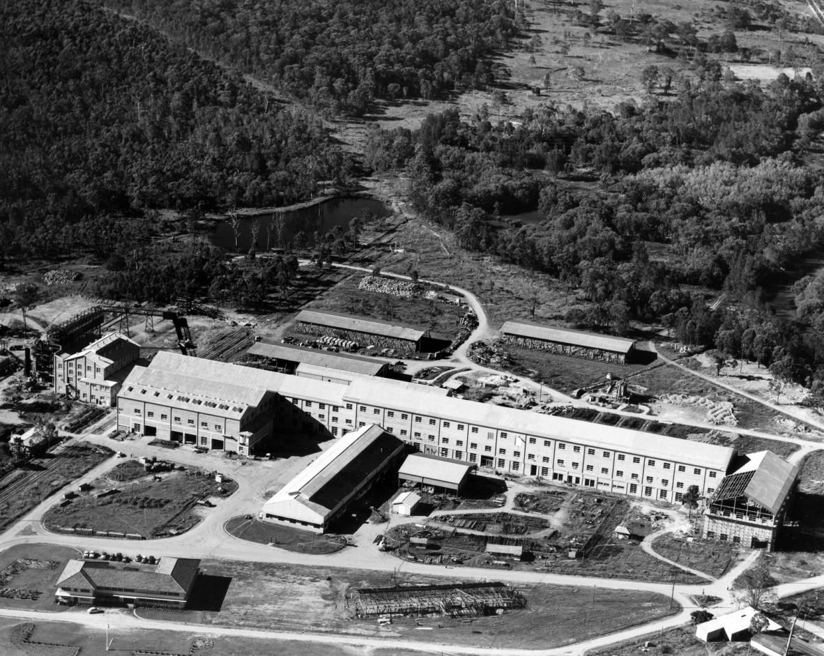  Late 1950s aerial photograph showing the Australian Paper Manufacturers (APM) Petrie Mill during the final stages of construction