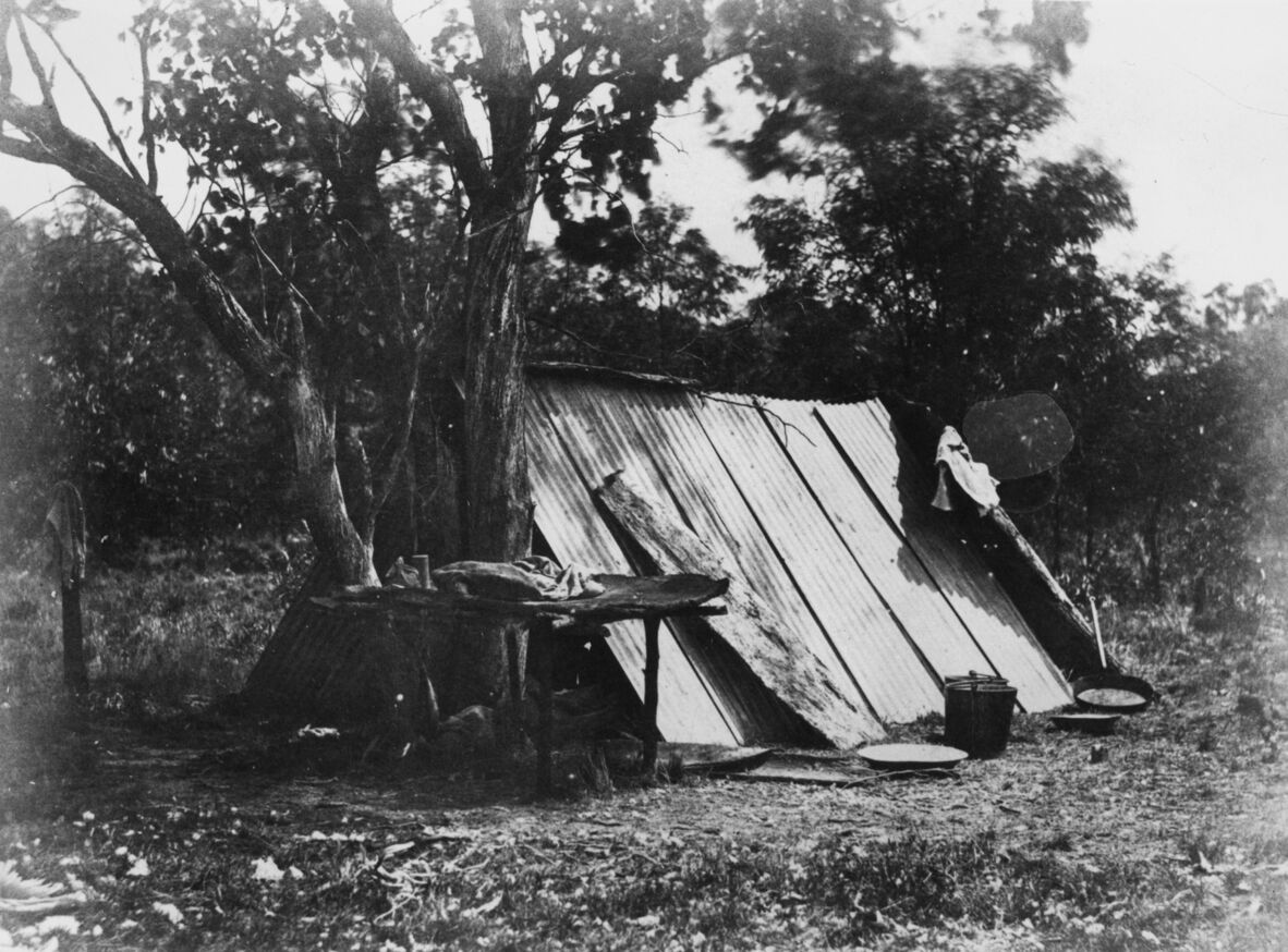 Black and white photograph of a temporary camp set up near Goondiwindi, ca. 1865