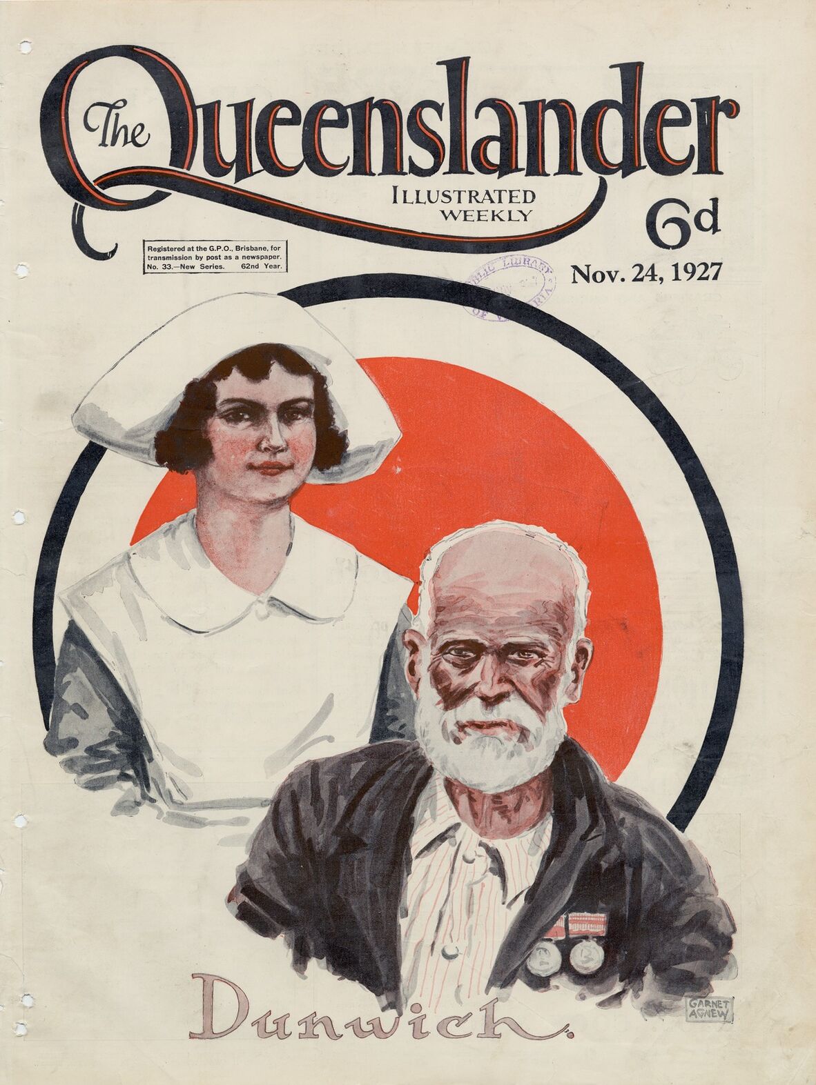 Illustrated front cover from The Queenslander, November 24, 1927. Image shows a nurse and a patient at Dunwich