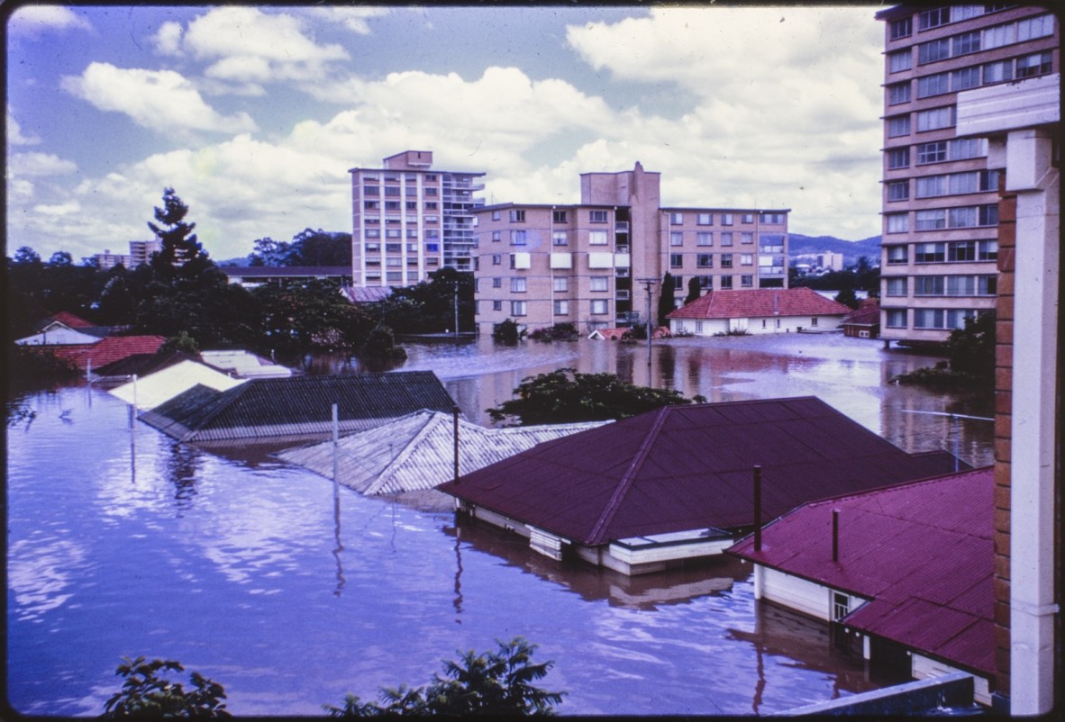 View of flooded houses and apartment buildings during the Brisbane flood of January 1974