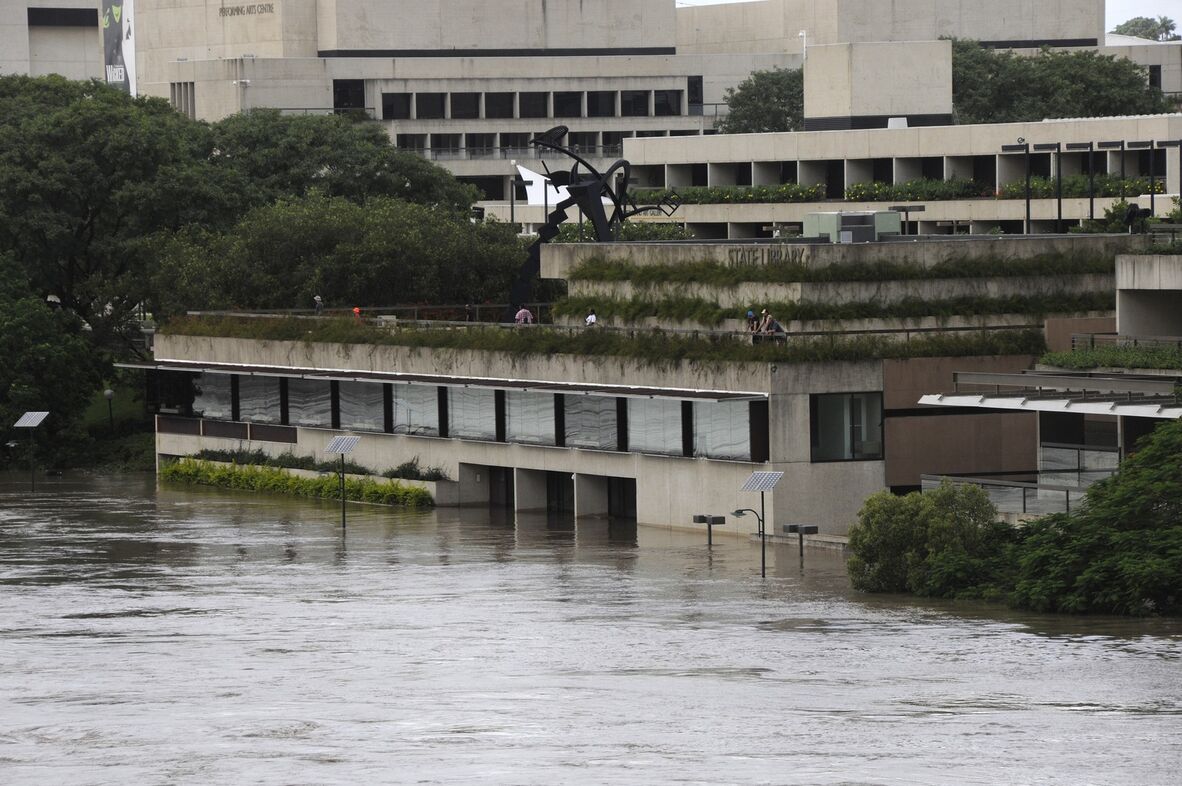 A photo of Brisbane river flood waters inundating The Edge, State Library of Queensland