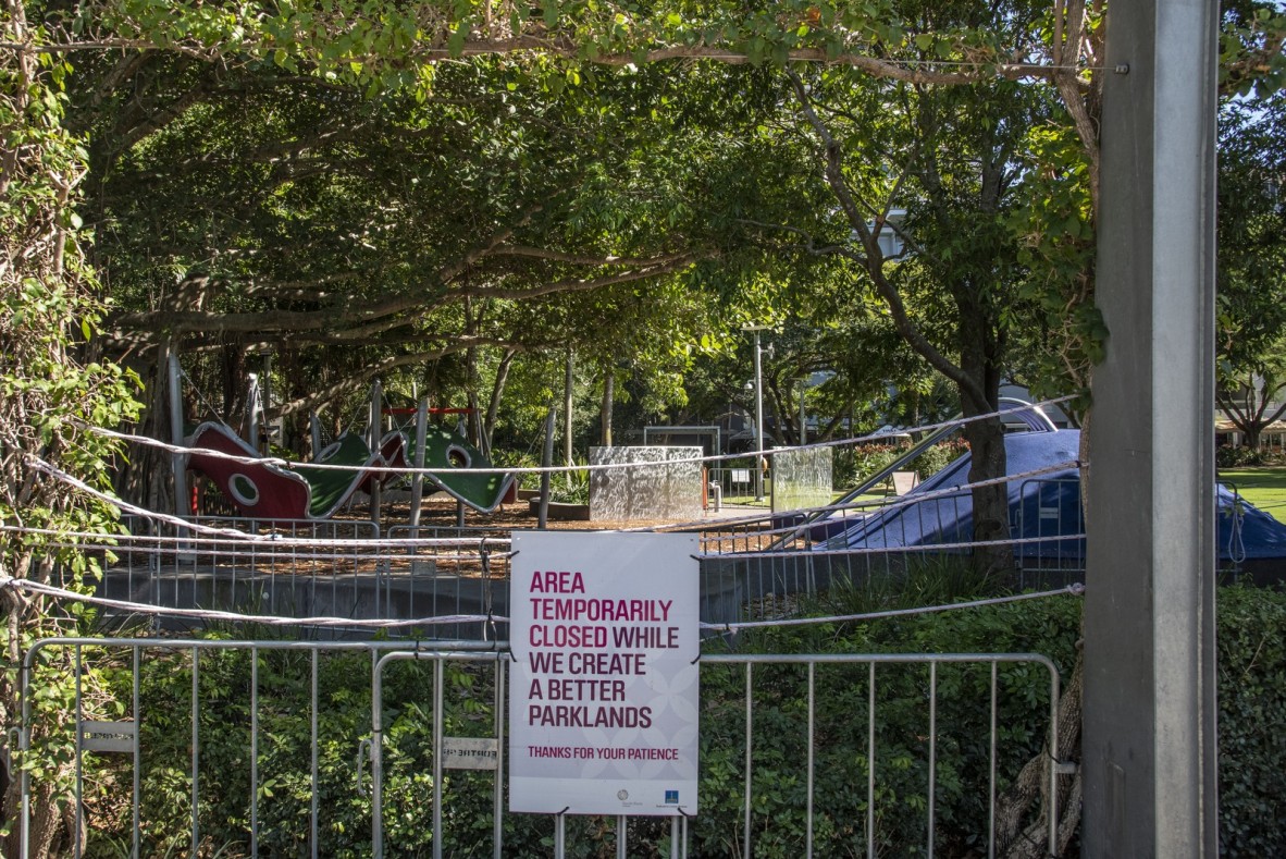 Area temporarily closed sign at South Bank parklands during the COVID-19 pandemic.