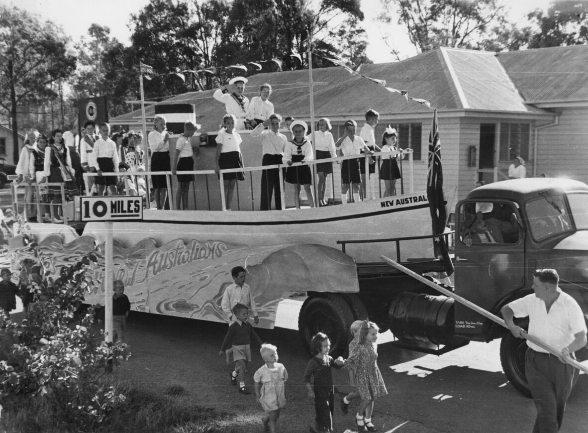 Migrant children on a 'New Australians' parade float at the Enoggera Immigration Holding Centre, Queensland, ca. 1955.