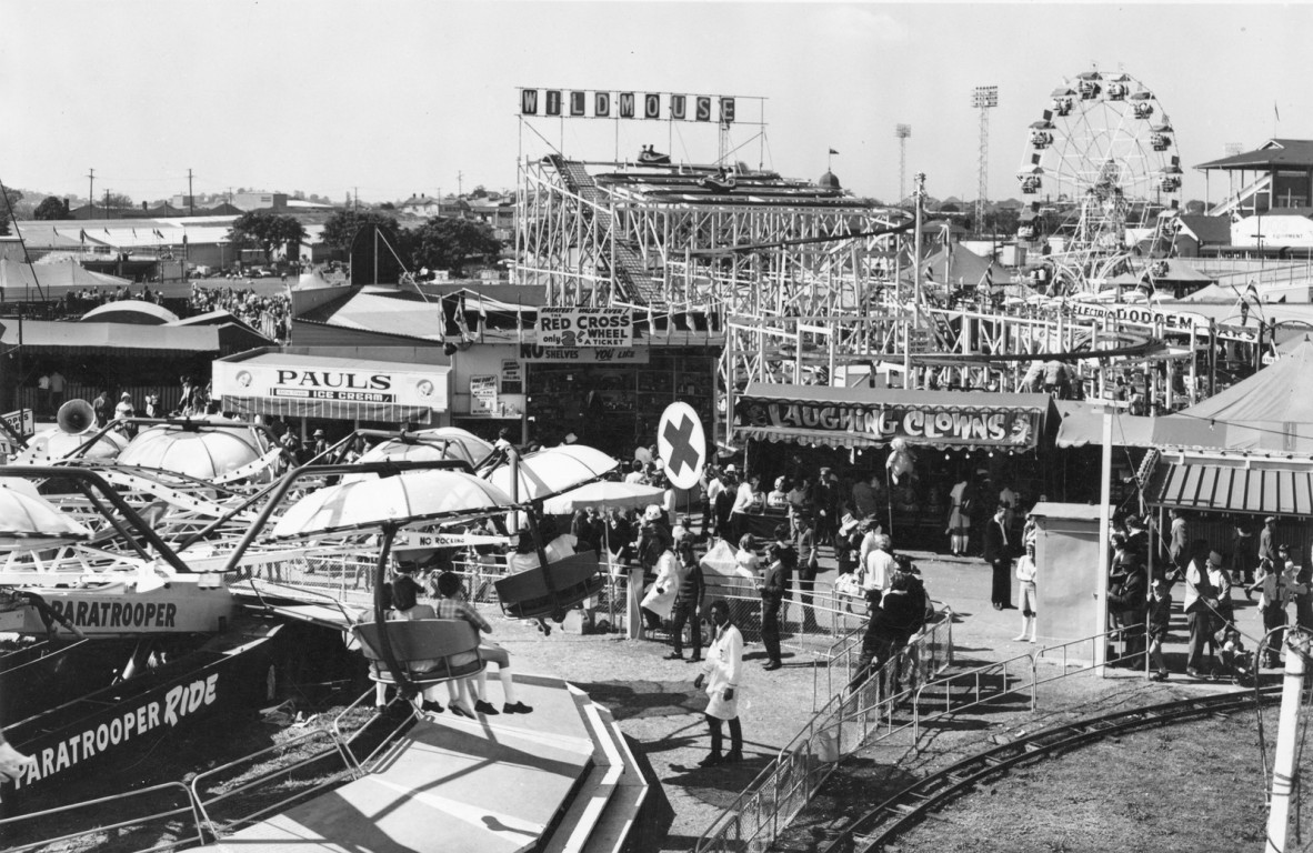 View of the sideshow alley and amusement rides at the Ekka in Brisbane, Queensland