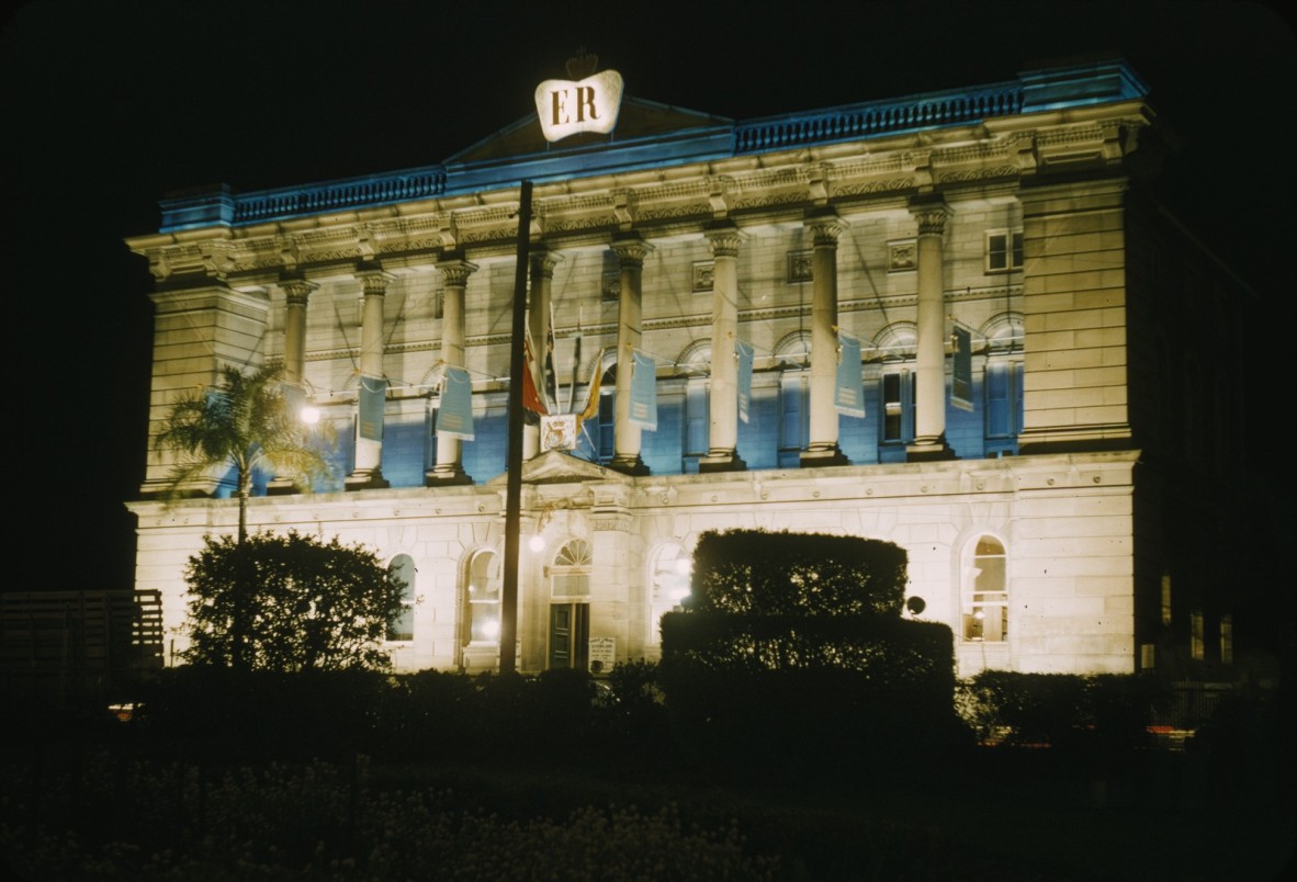Illuminated Public Library of Queensland during the 1954 Royal tour