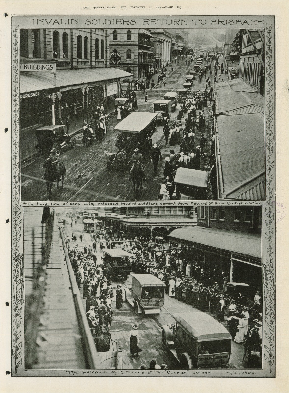 The long line of cars with returned invalid soldiers coming down Edward St. from Central Station