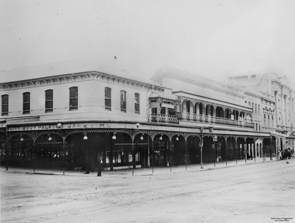 James Hunter's boot manufacturing shop, Queen Street, Brisbane, Queensland, 1889.