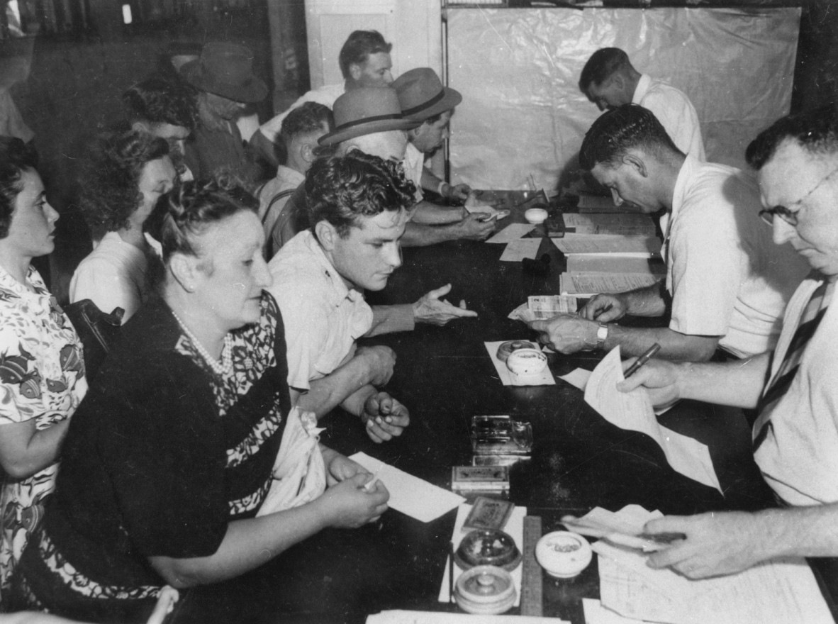 Queue for petrol ration tickets in Brisbane
