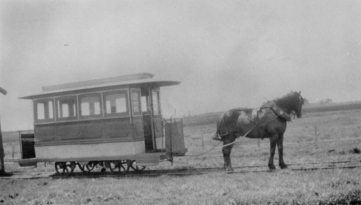 Black and white photo of a horsedrawn tram on St Helena Island, 1928
