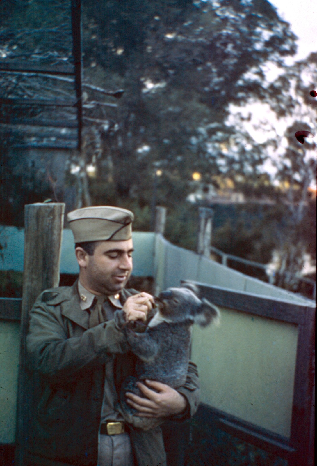 American Lieutenant Mark Muller poses with a koala at Lone Pine Sanctuary