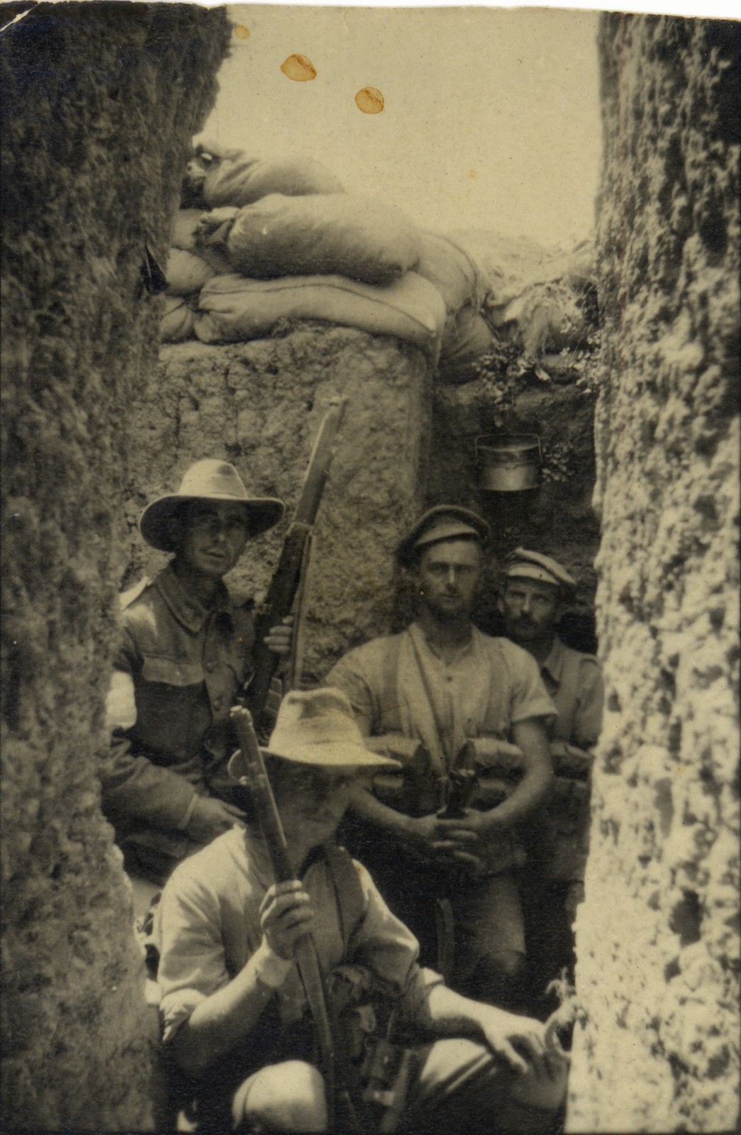 Four Australian soldiers in the trenches at Gallipoli, 1915