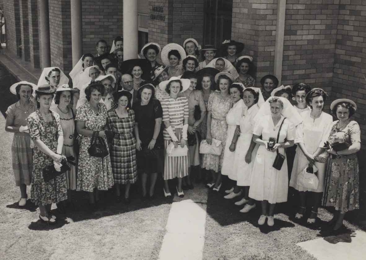 Entrants in the Centaur Memorial Fund for Nurses, Queen of the Nurses Quest 1948 assembled with guests at a morning tea held at the Greenslopes Repatriation Hospital Brisbane, 18 December 1948