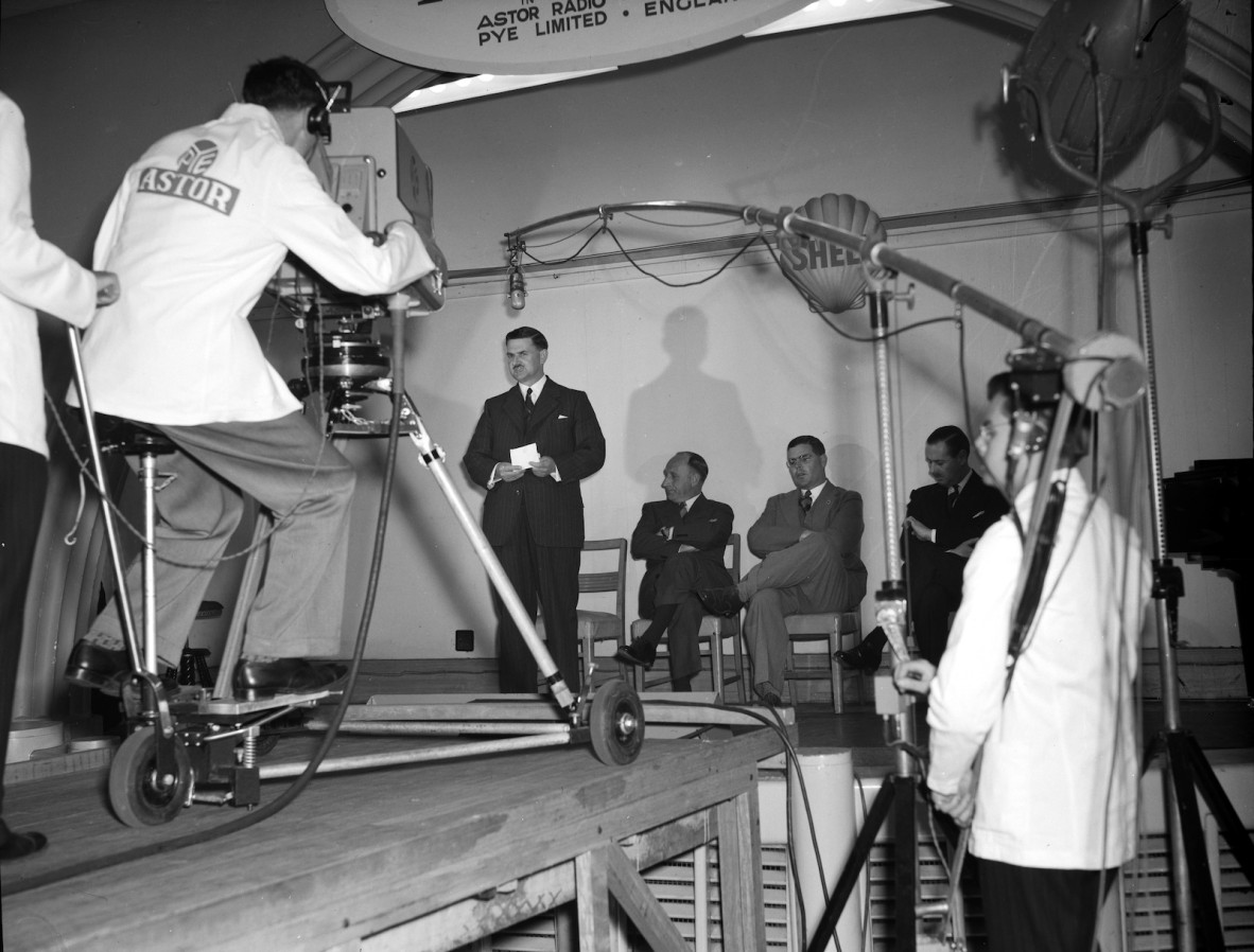 Camera operators filming at a demonstration of television at Lennons Hotel in Brisbane, 1949