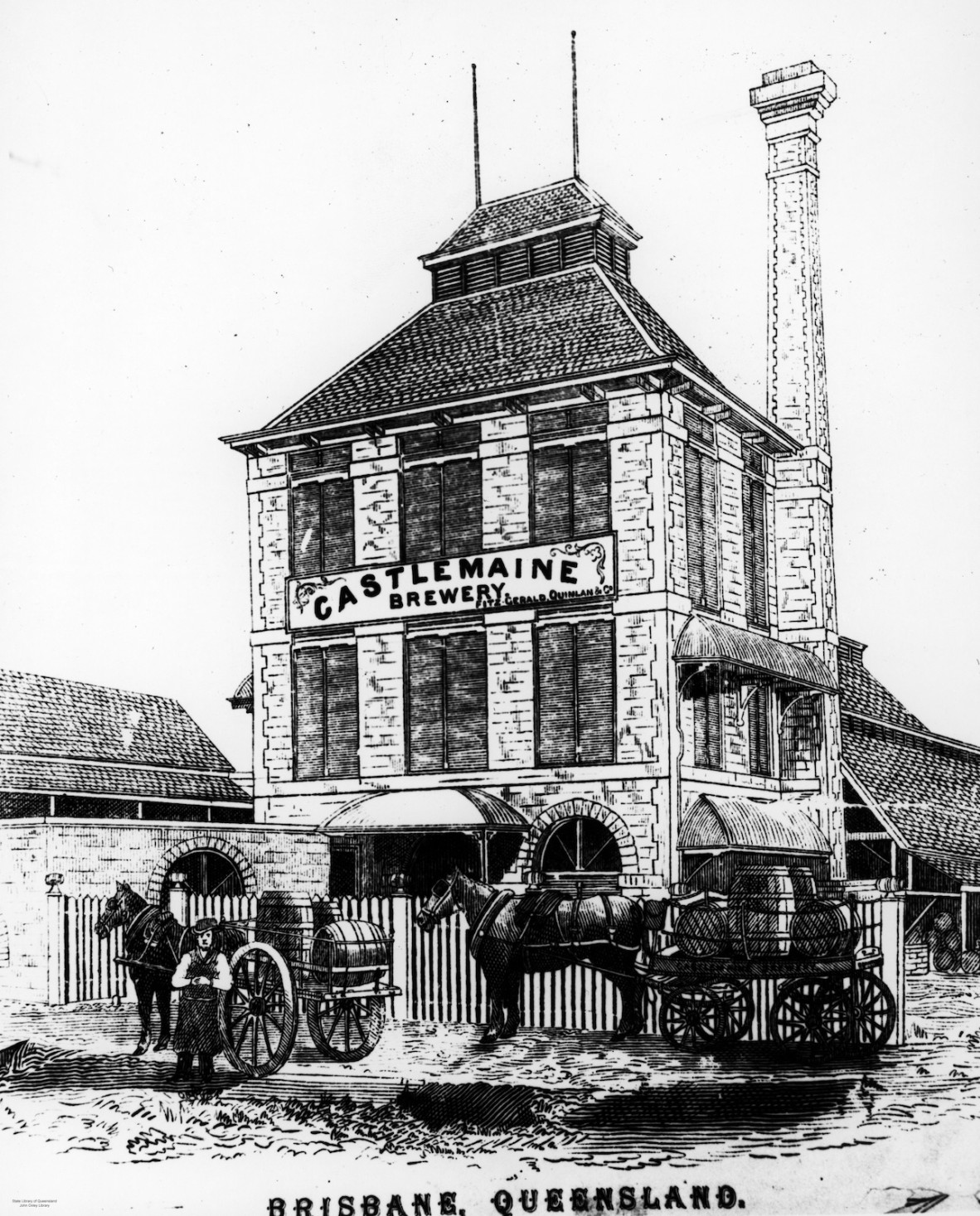 This drawing of the Castlemaine brewery depicts some laden wagons in the street in front of the three-storey building. A worker stands alongside. The signage reads: Castlemaine Brewery, Fitzgerald, Quinlan & Co.