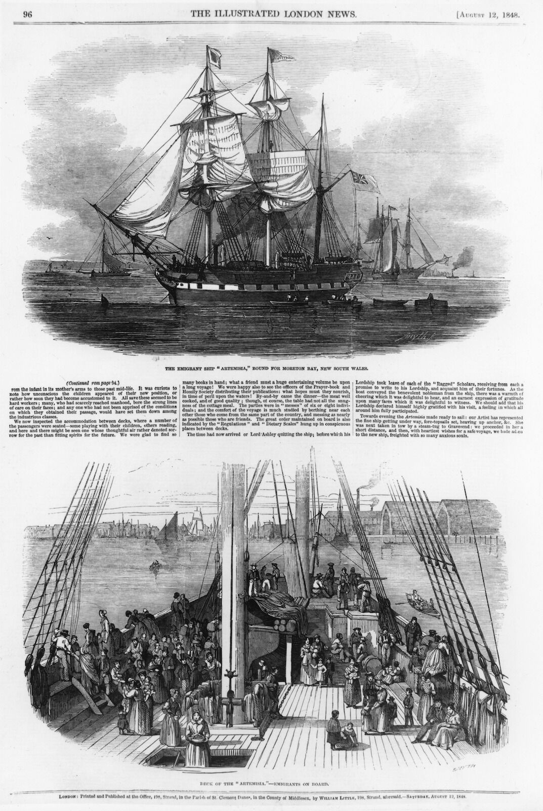 Copy of Illustrated London News (ILN), 12 August 1848, p 96 showing two images of immigration ships