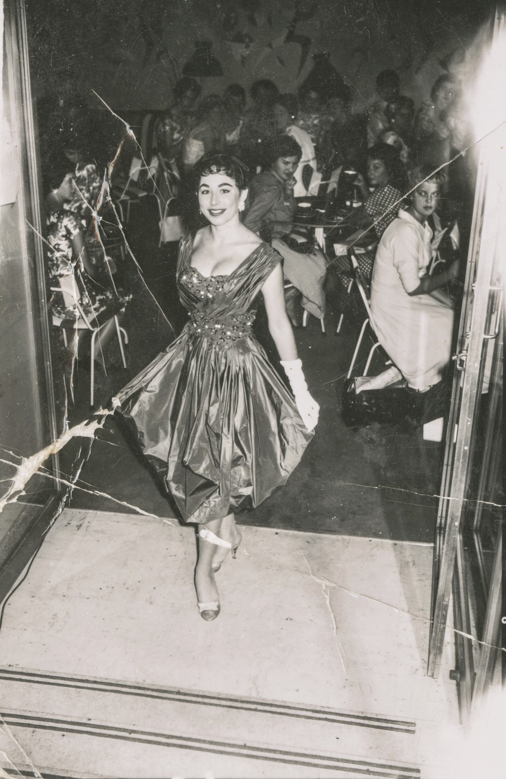 Model wearing an evening gown at the Primitif Coffee Lounge, Brisbane. 