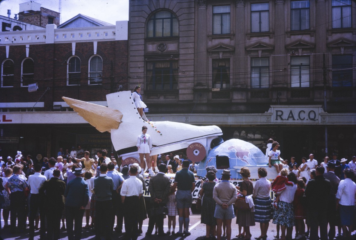 Parade float in the shape of a winged roller skate taking part in the Warana Festival ca 1965