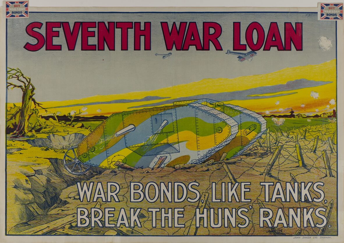 A poster promoting war bonds, depicting a tank on the battlefield. ‘Seventh war loan war bonds, like tanks, break the Huns’ ranks’