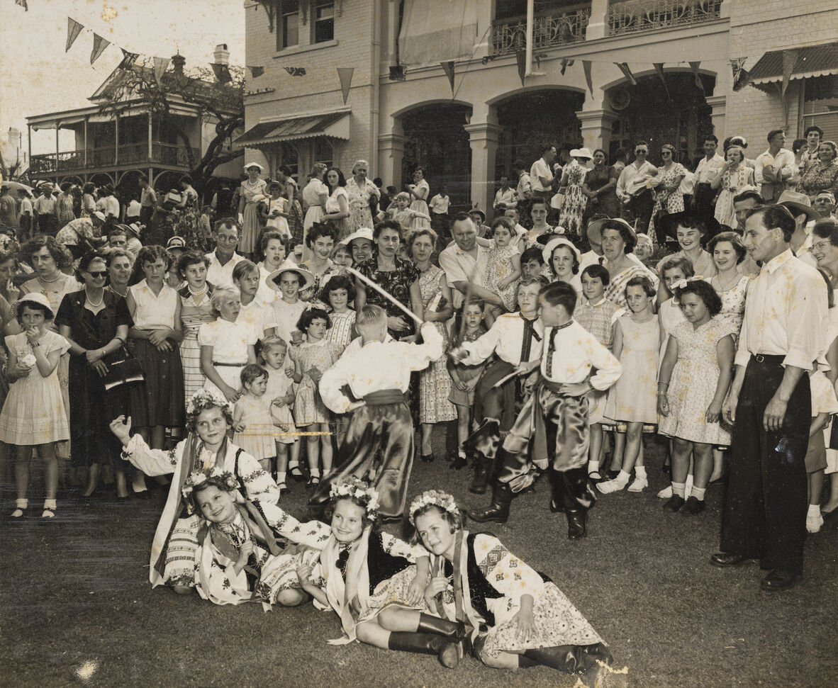 Ukrainian dancers at Yungaba Immigration Centre, Kangaroo Point, Brisbane, 1952.