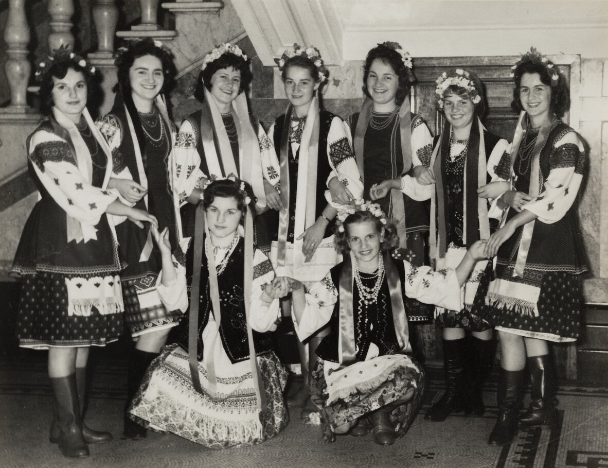 Ukrainian Association of Queensland Girls' Dance Troupe, prior to performing at the Warana Festival Ball, Brisbane City Hall, 1966.